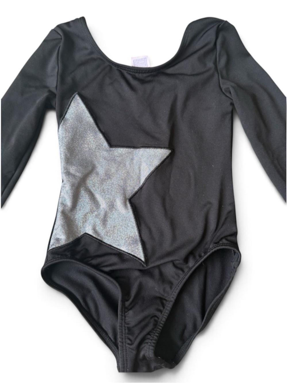 Girls Black Long-Sleeve One-Piece Swimsuit with Silver Star Accent